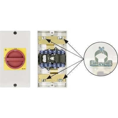 L'image montre un tableau électrique avec un commutateur rotatif rouge sur un fond jaune, à côté duquel se trouve l'arrière avec des connexions et une image agrandie d'un clip métallique.
