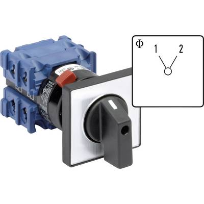 Un interrupteur électrique bleu avec une poignée rouge. À côté, un diagramme portant les inscriptions : 'Φ1', '1', '2', illustrant la position de commutation.