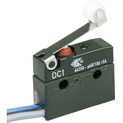 'Microrupteur avec levier et connexion de câble, portant les inscriptions DC1, 6A250 et μ40T1051E4, généralement utilisé dans les appareils électriques.'