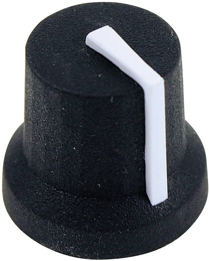 Un bouton rotatif noir avec une bande de marquage blanche, typiquement utilisé pour régler le volume ou ajuster des paramètres sur des appareils électroniques.