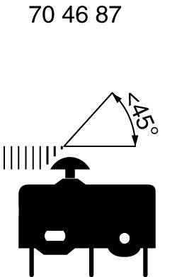 Symbole de commutation pour un interrupteur à contacts mécaniques, actionné sous un angle maximal de 45 degrés vers le bas.