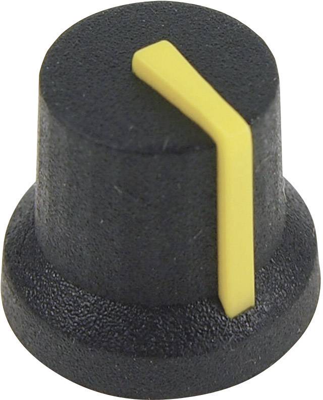 Un bouton rotatif noir avec une bande jaune indique la position. Adapté pour le réglage du volume sur des appareils électroniques.