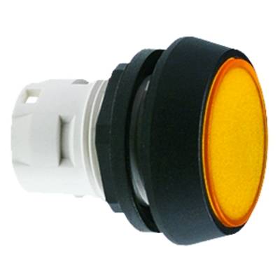 Un bouton-poussoir rond de couleur jaune avec un bord noir et un support blanc, utilisé pour la signalisation ou le contrôle dans des appareils techniques.