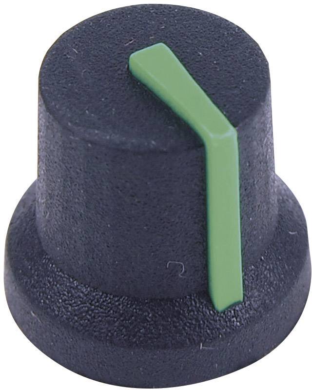 Bouton rotatif noir avec une bande de marquage verte, pointant vers le haut. Utilisé pour le contrôle des appareils.