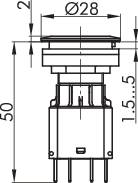 Dessin technique d'un interrupteur avec des dimensions de 50 mm de hauteur et un diamètre de 28 mm. Présente des caractéristiques de construction détaillées.