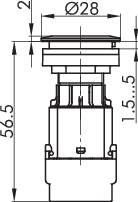 Dessin technique d'un composant mécanique, surface supérieure ronde avec indication de diamètre 'Ø28', longueur totale '56,5', marquages de détail.