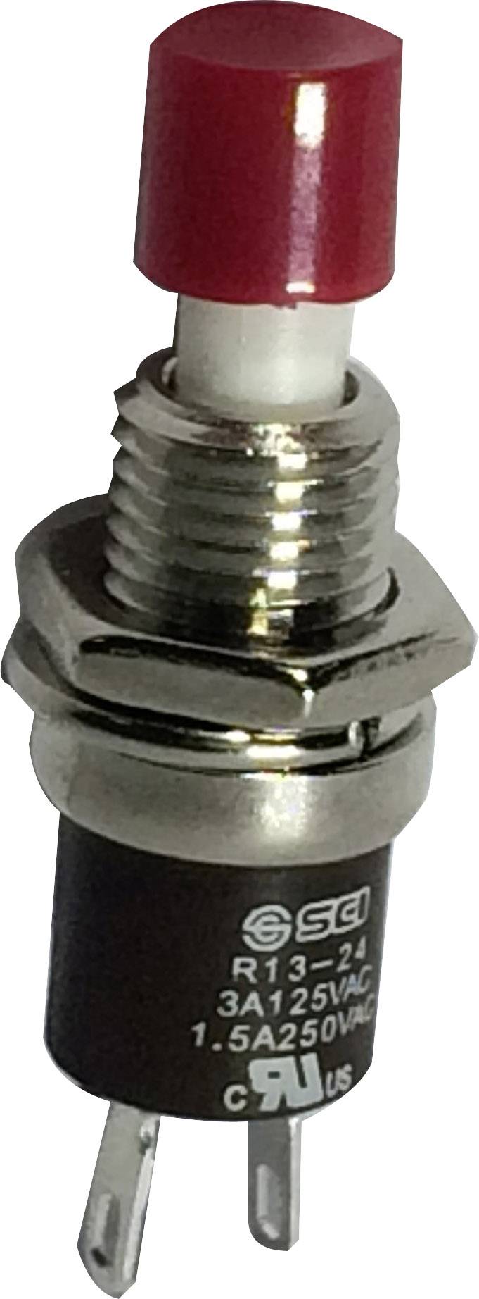 Un bouton rouge sur un interrupteur électrique avec un filetage métallique et des connexions électriques, adapté pour 3A 125VAC.