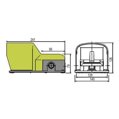 Vue latérale et vue de face d'un dispositif mécanique avec des dimensions spécifiques en millimètres, incluant la largeur et la hauteur.