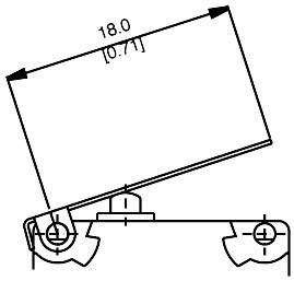 Dessin technique d'une pièce pivotante inclinée de 18,0 mm. Montre le mécanisme de charnière et les points de fixation.