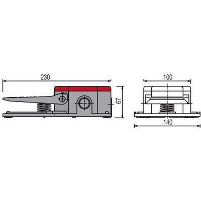 Dessin technique d'un mécanisme à levier avec dimensions : largeur 230 mm, profondeur 140 mm, hauteur 67 mm, levier rouge. Vue latérale et vue de face.