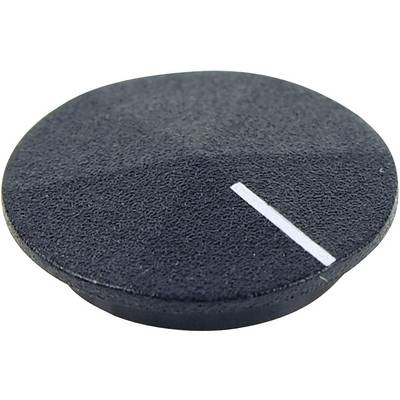Bouton noir et rond avec un trait blanc, probablement un élément d'un dispositif de commande électronique ou d'un appareil.