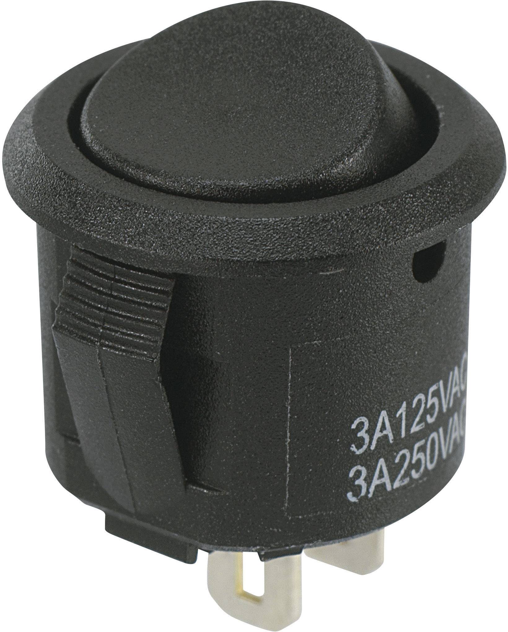 Un interrupteur à bascule noir, rond, à deux positions ; adapté pour 3A sous 125 V AC ou 3A sous 250 V AC.
