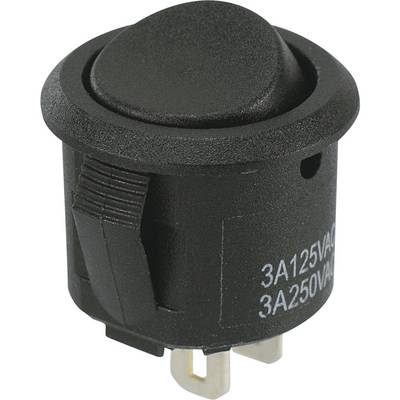 Un interrupteur à bascule noir, rond, à deux positions ; adapté pour 3A sous 125 V AC ou 3A sous 250 V AC.