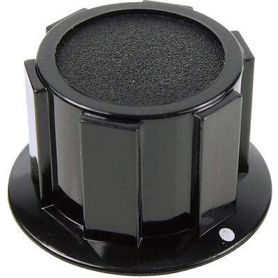 Bouton rotatif noir avec poignée striée, souvent utilisé pour régler le volume ou les paramètres des appareils audio.