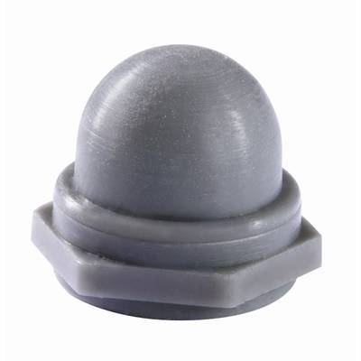 Dôme en plastique gris avec base hexagonale, ressemblant à un capuchon ou à un couvercle destiné à des fins de fixation.
