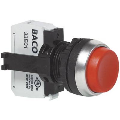 Bouton-poussoir rouge avec support noir et inscriptions blanches, portant la marque 'BACO', adapté aux applications industrielles.