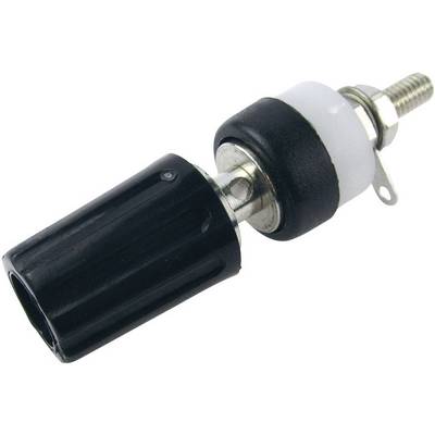 Adaptateur noir et blanc pour fiche de banane avec connexion à filetage métallique, utilisé pour les connexions électriques dans les appareils audio.