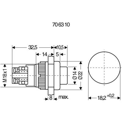 Dessin technique d'un capteur cylindrique avec filetage M18x1. Dimensions en mm : coupe longitudinale 32,5, diamètre 18,2, détails des raccordements.