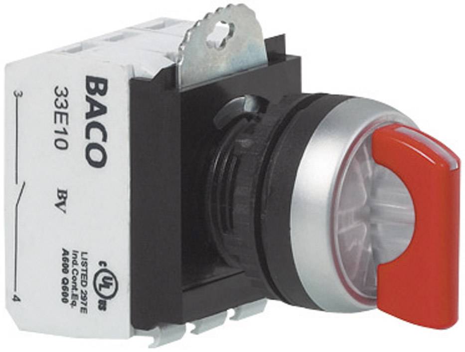 'Commutateur rotatif avec levier rouge de BACO, numéro de modèle 33E10, certifié UL. Convient pour les commandes électriques et l'automatisation.'