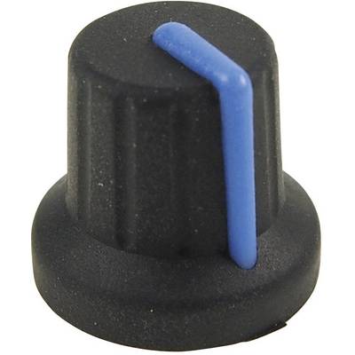 Bouton rotatif noir avec ligne de marquage bleue.