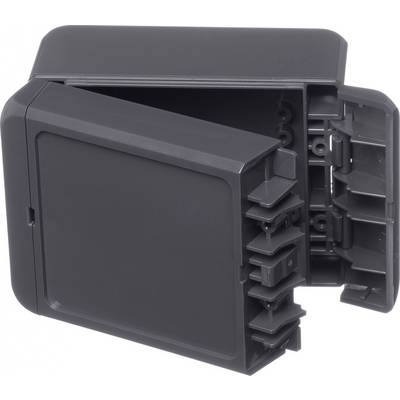 Une boîte en plastique sombre à compartiments multiples. La conception permet le rangement sécurisé des objets.