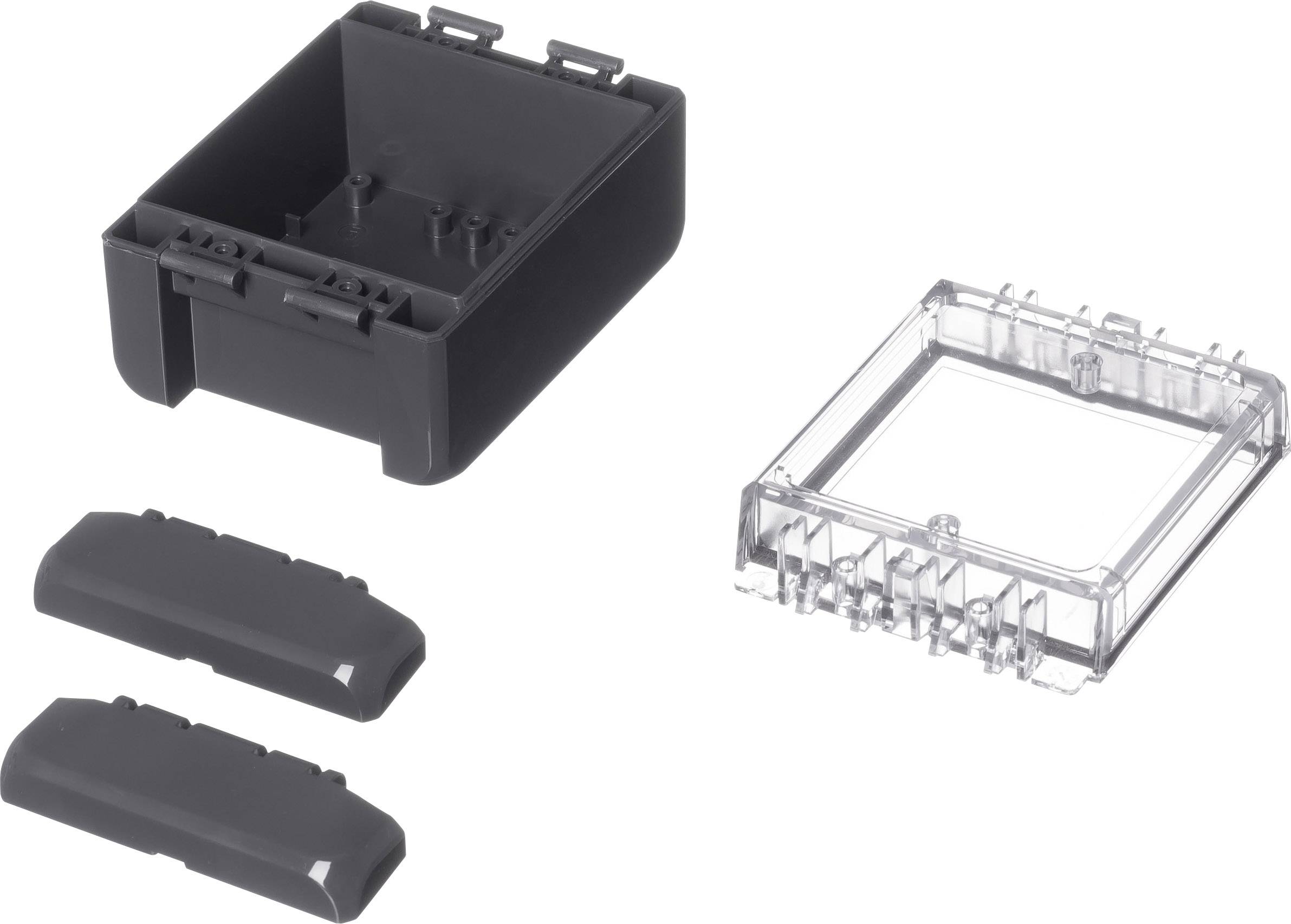Un boîtier en plastique noir avec des parties amovibles et un couvercle transparent, adapté aux appareils électroniques.
