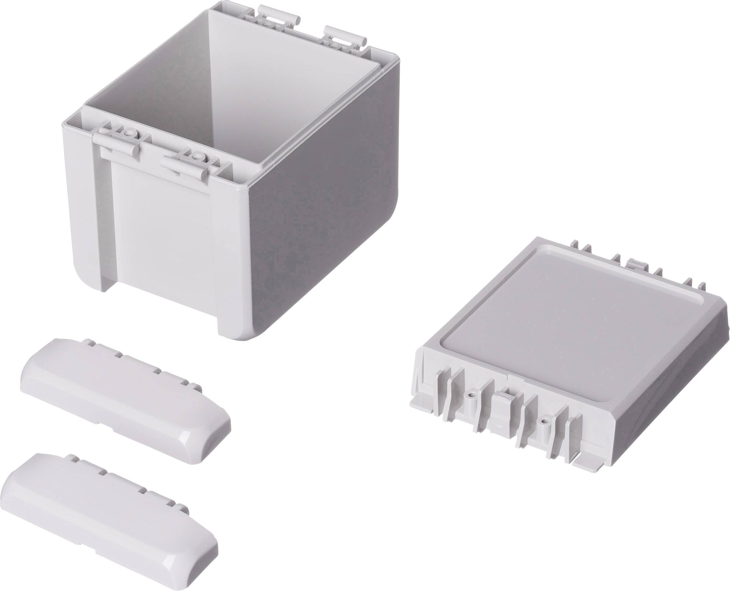 Illustration d'un boîtier en plastique blanc ouvert avec son couvercle retiré et deux volets latéraux, sur un fond blanc.