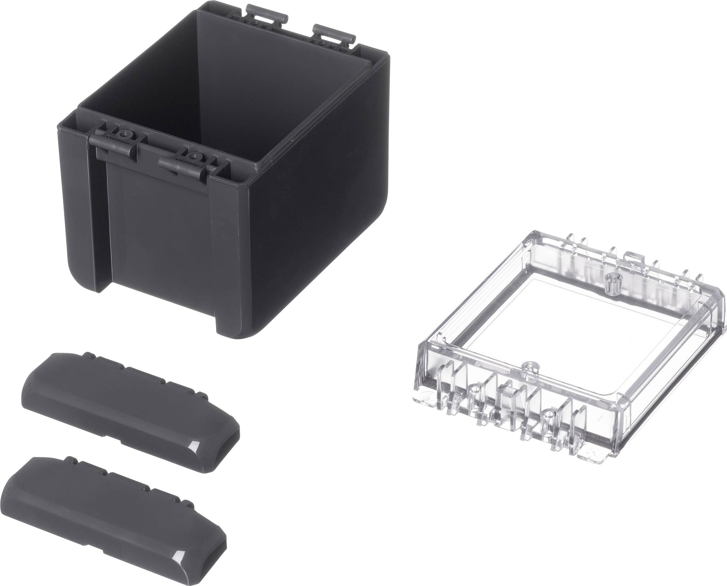 Un conteneur rectangulaire en plastique noir avec un dessus ouvert, deux couvercles noirs et un couvercle transparent.