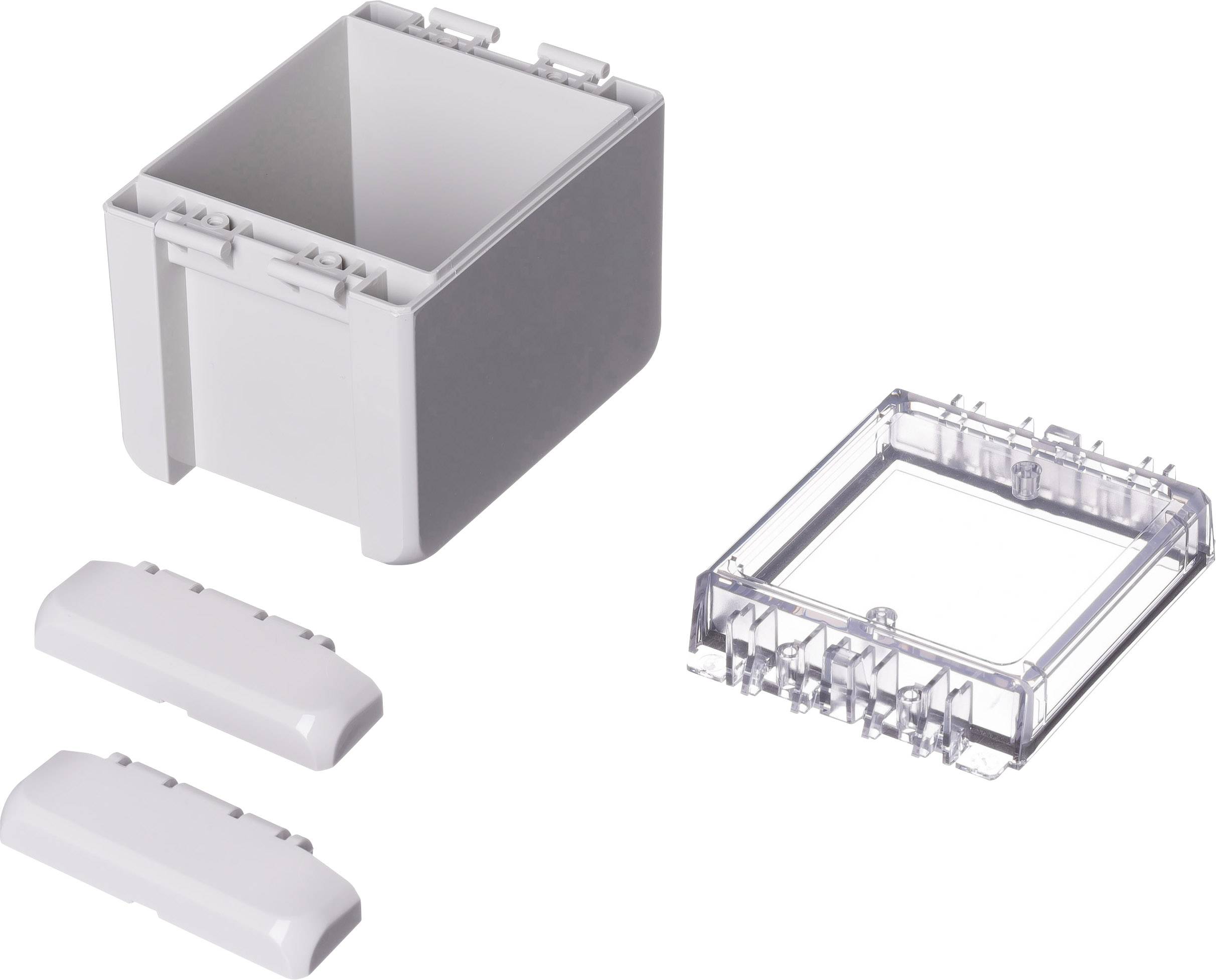 Boîte en plastique blanc avec couvercles amovibles et couverture transparente, probablement destinée à l'électronique ou au câblage.
