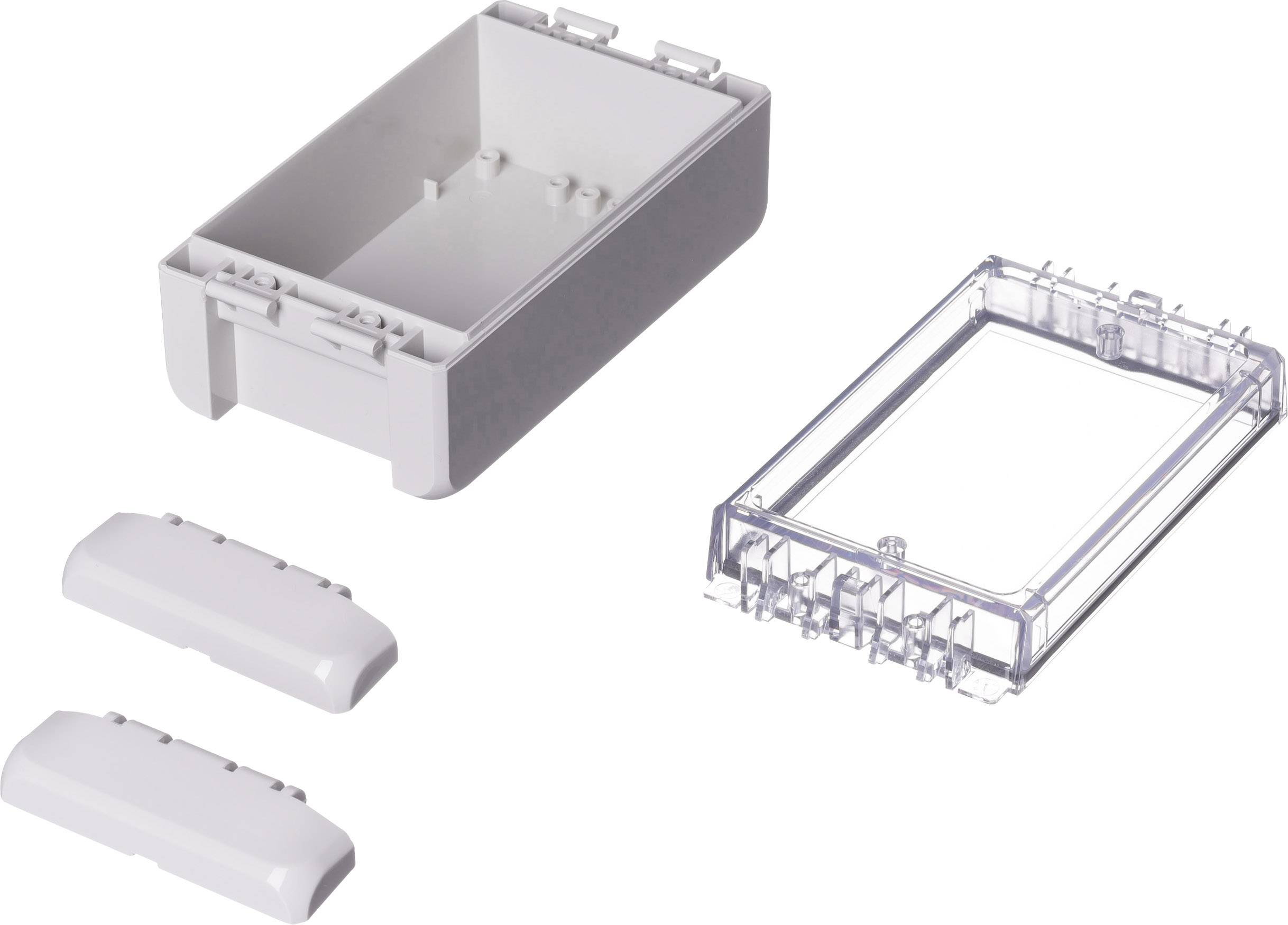 Un boîtier rectangulaire en plastique blanc avec un couvercle transparent amovible et deux couvercles latéraux blancs.