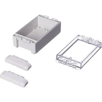 Un boîtier rectangulaire en plastique blanc avec un couvercle transparent amovible et deux couvercles latéraux blancs.
