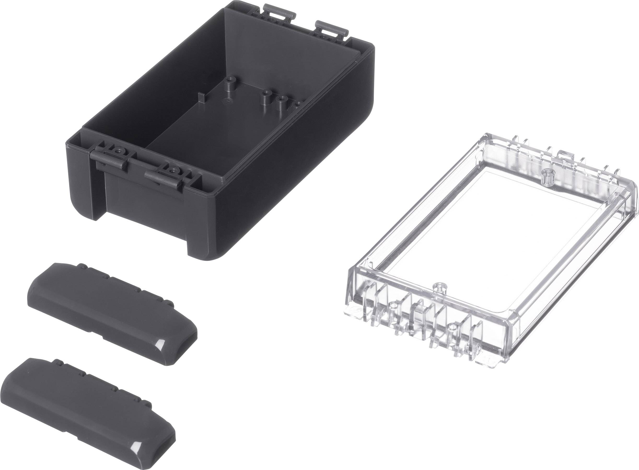 Un boîtier électronique rectangulaire noir avec un couvercle transparent et deux caches latéraux amovibles.