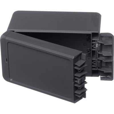 Une boîte en plastique grise rectangulaire, partiellement ouverte, avec plusieurs points de fixation sur les côtés.