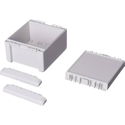 Un récipient rectangulaire en plastique gris, empilable, composé d'un bac, d'un couvercle et de deux poignées, est posé ouvert.