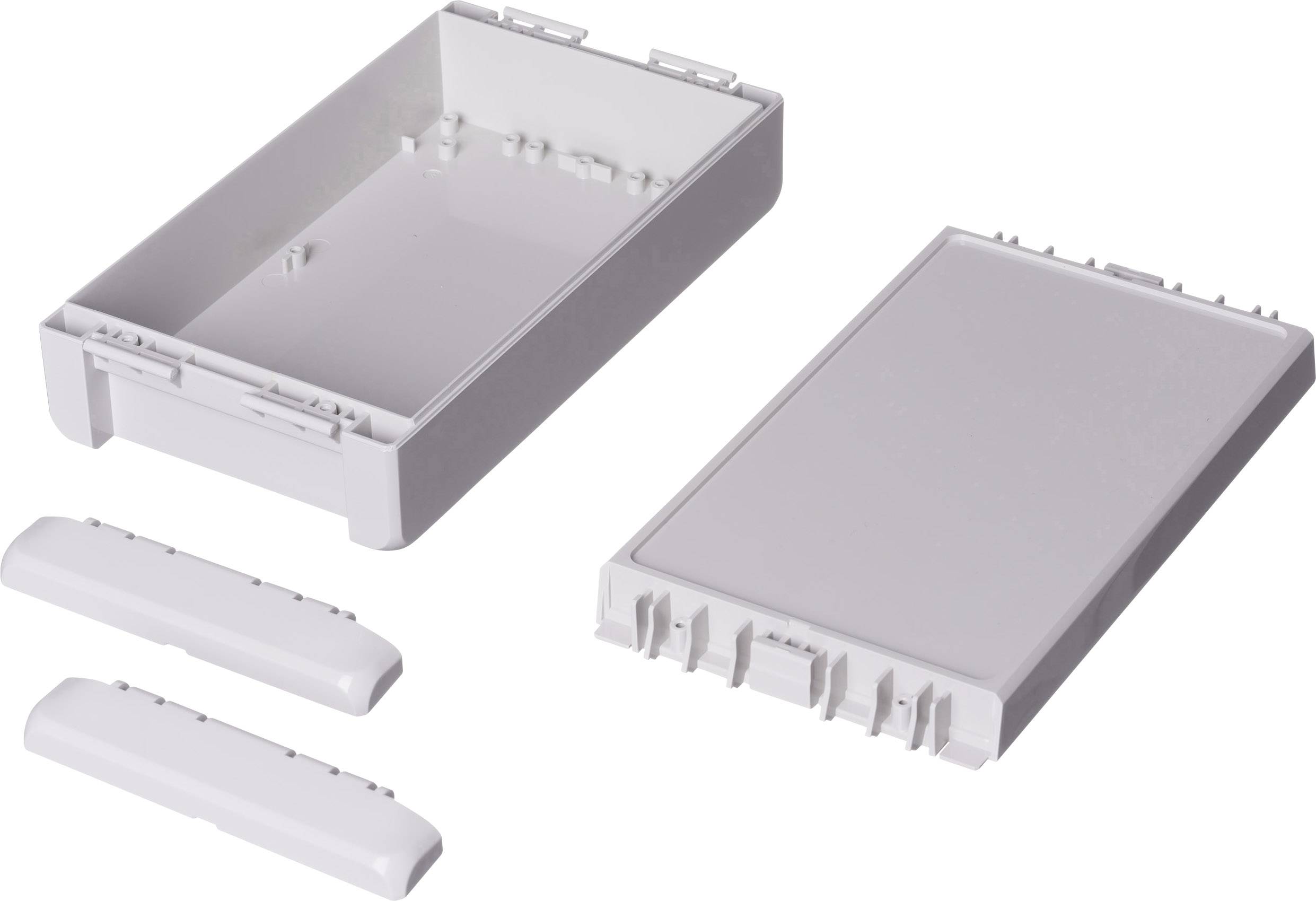 Un boîtier rectangulaire en plastique en pièces détachées, composé d'une partie inférieure, d'un couvercle et de deux capots latéraux.