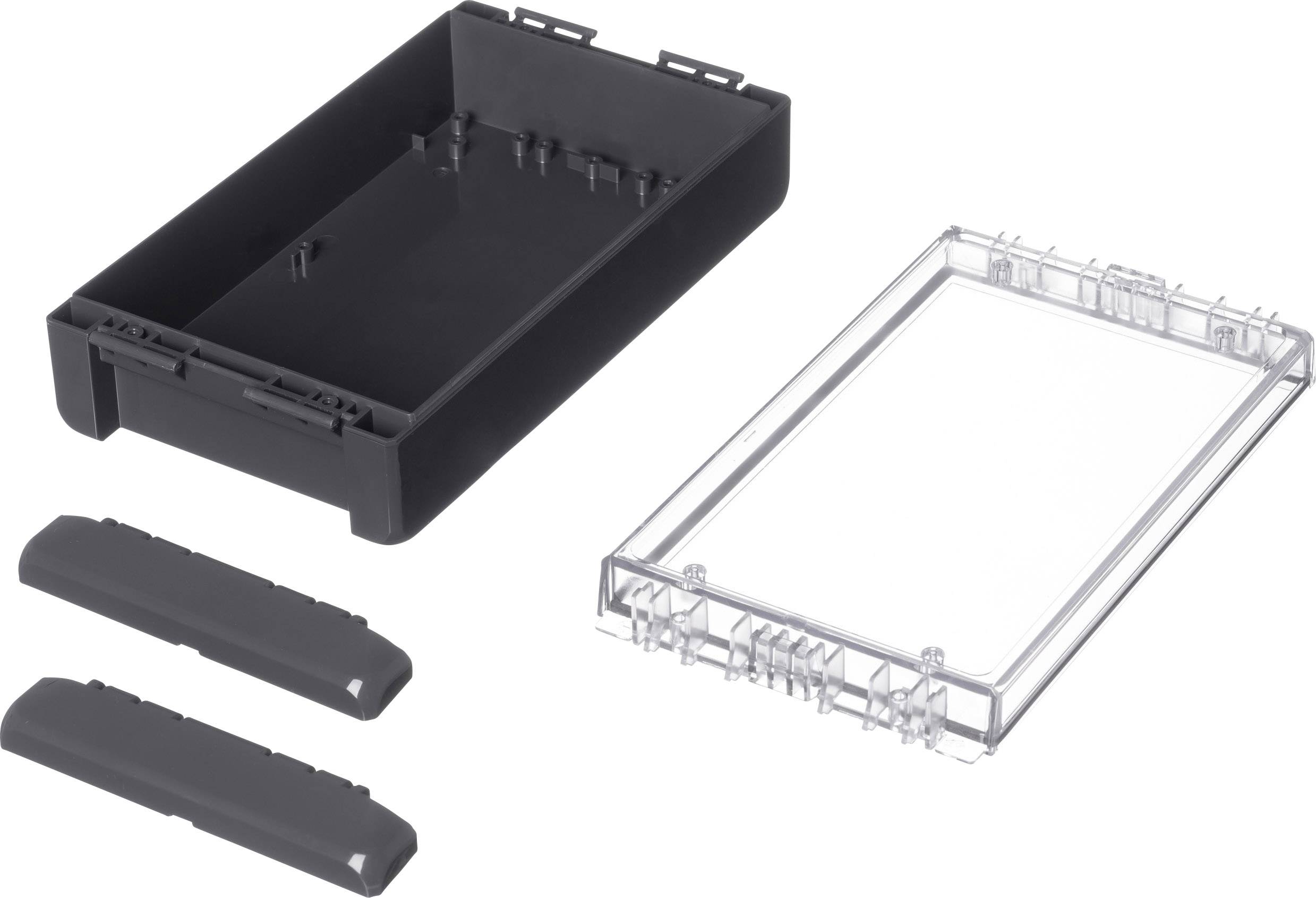 Composants d'un boîtier électronique : partie inférieure noire, couvercle transparent, deux clapets latéraux noirs. Composants pour assemblage.