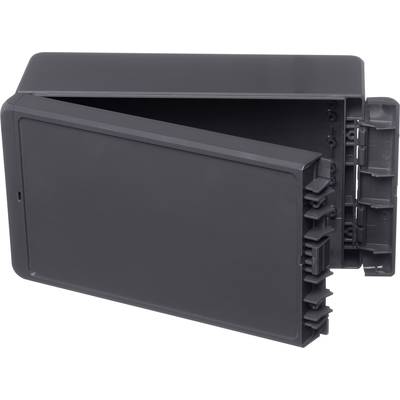 Un dispositif ou boîtier rectangulaire gris en plastique, partiellement ouvert, avec plusieurs compartiments et charnières.
