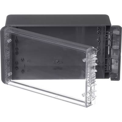 Boîtier en plastique noir avec couvercle transparent, ouvert. Adapté pour les composants électroniques ou les boîtes de raccordement.