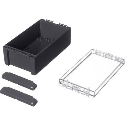 Boîte en plastique noir avec deux côtés amovibles et un couvercle transparent, adaptée aux appareils électroniques.