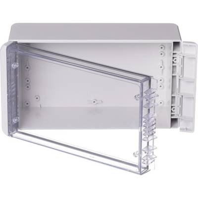 Un boîtier rectangulaire gris en plastique doté d'un couvercle transparent et rabattable.