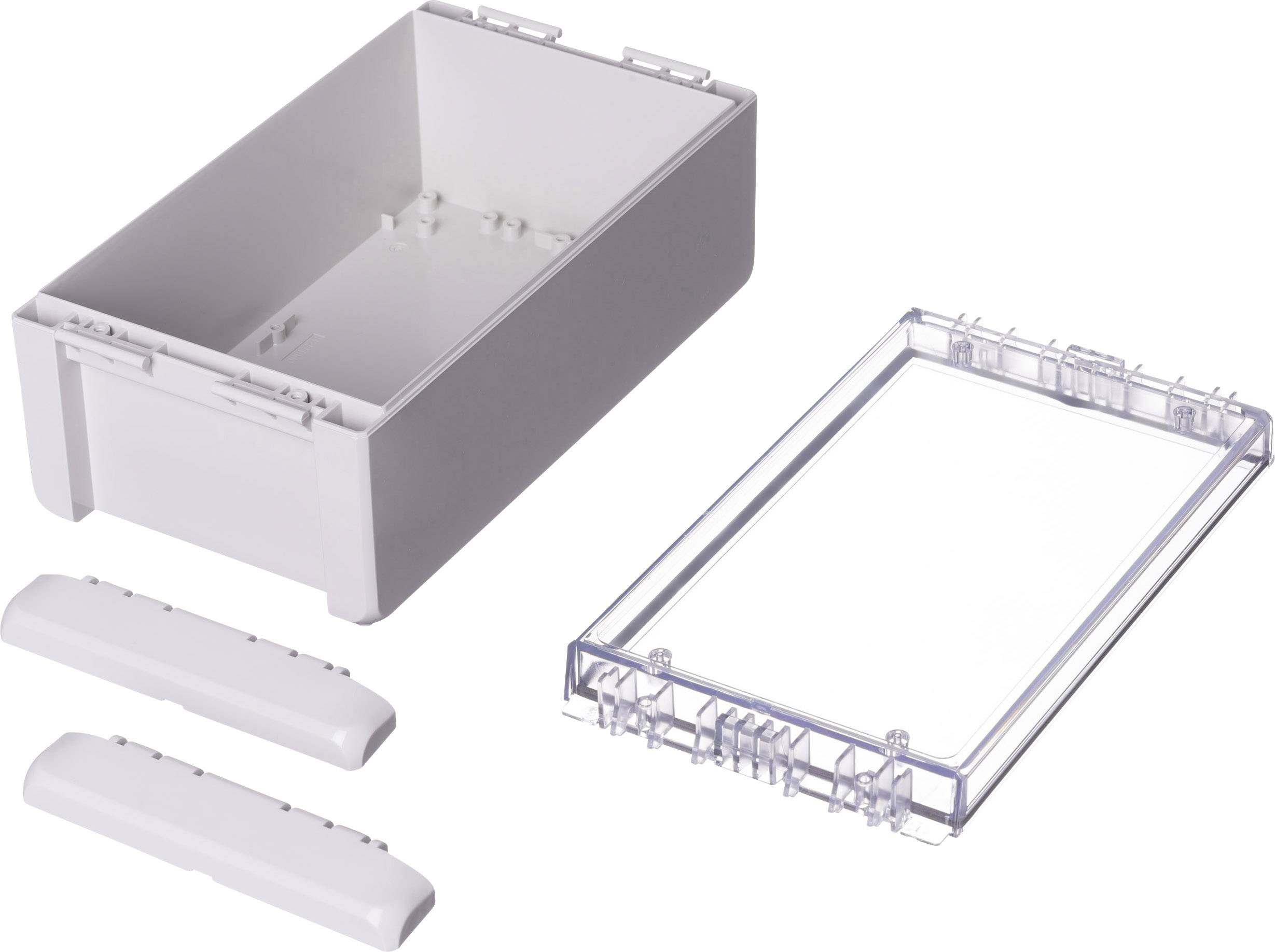 Boîte de rangement rectangulaire blanche avec un couvercle amovible transparent et deux panneaux latéraux, conçue pour le stockage ou la protection.