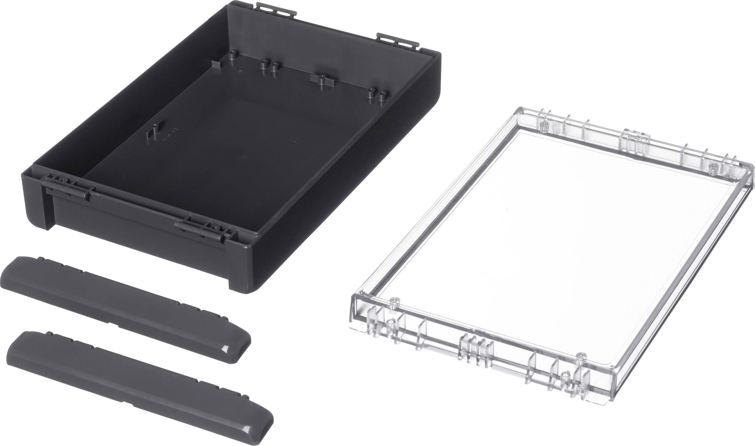Boîtier pour composants électroniques composé d'un socle noir, d'un couvercle transparent et de deux capots latéraux.