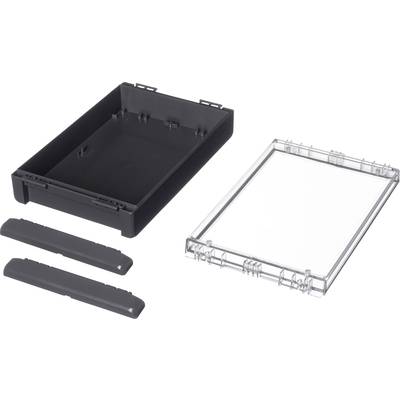 Boîtier pour composants électroniques composé d'un socle noir, d'un couvercle transparent et de deux capots latéraux.