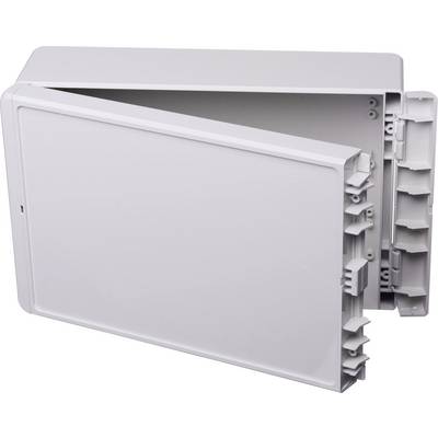 Boîtier blanc ouvert avec plusieurs supports et fixations, adapté à l'installation d'appareils techniques ou de câbles.