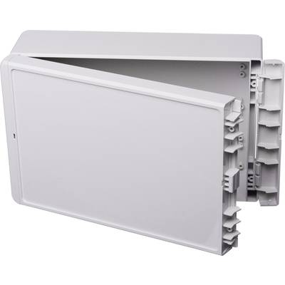 Une boîte en plastique grise, ouverte, rectangulaire, probablement un boîtier ou un coffret de distribution, présentée dans une vue en perspective.