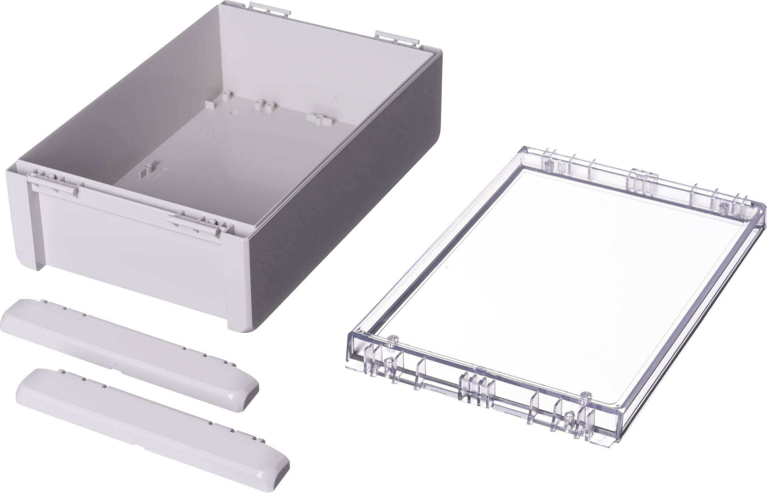 Ensemble de boîtier en plastique comprenant un boîtier blanc, un couvercle transparent et deux fermetures latérales, adapté aux appareils électroniques.