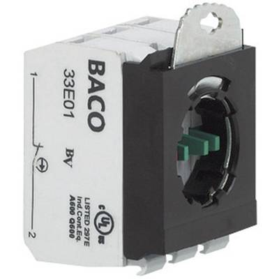 Un ensemble de boîtier de commutateur électrique rectangulaire de BACO, modèle 33E01, avec certification UL et languette de fixation métallique.