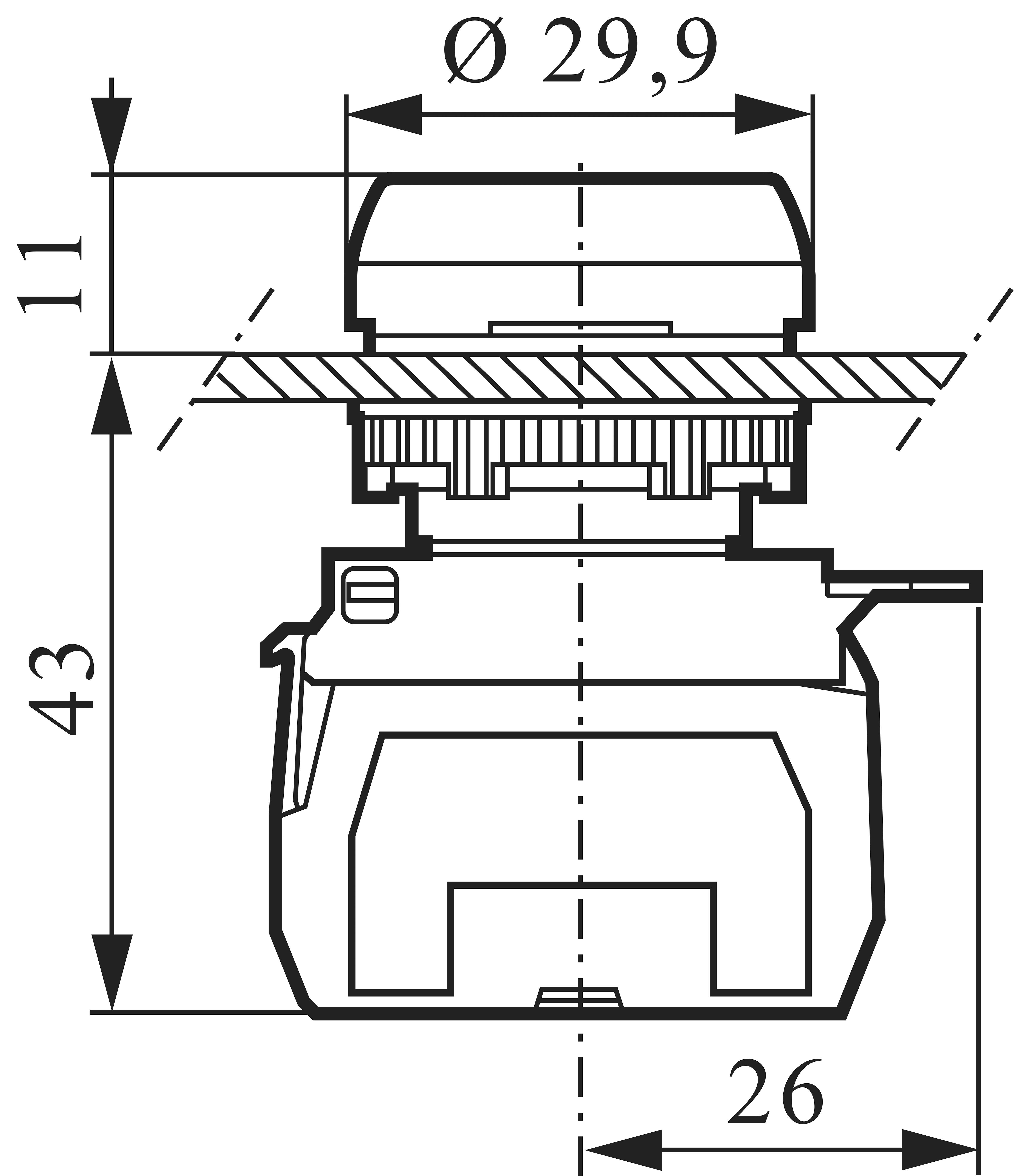 Dessin technique d'un interrupteur rond avec dimensions : diamètre 29,9 mm, hauteur 43 mm, largeur 26 mm.