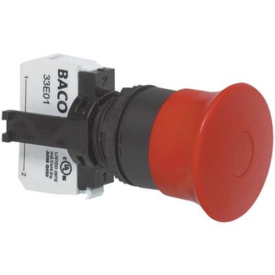 Bouton d'arrêt d'urgence rouge avec boîtier noir et zone de marquage blanche. Marqué 'BACO' et numéro de série.