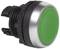 Bouton vert sur socle noir, symbole de démarrage ou d'activation, fréquemment utilisé dans les panneaux de commande de machines.